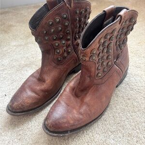 FRYE Brown Studded Leather Western Ankle Boots